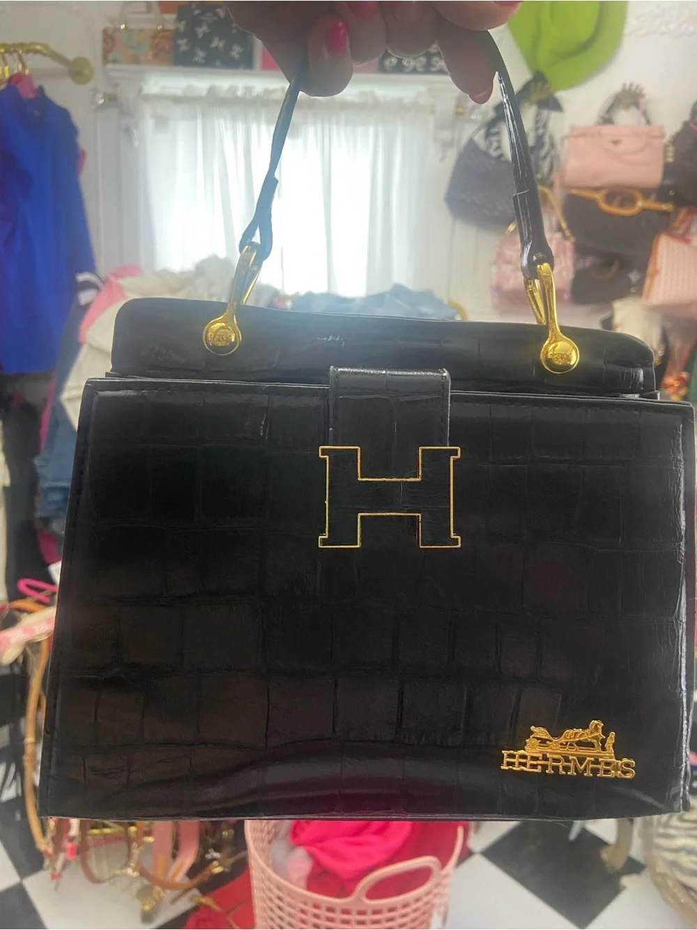 Luxe’ H inspired Black Croc-Embossed Handle Bag with wallet bag